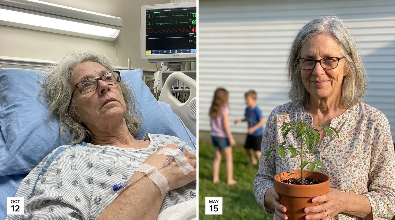 Linda Pearson before and after — ICU bed and home garden