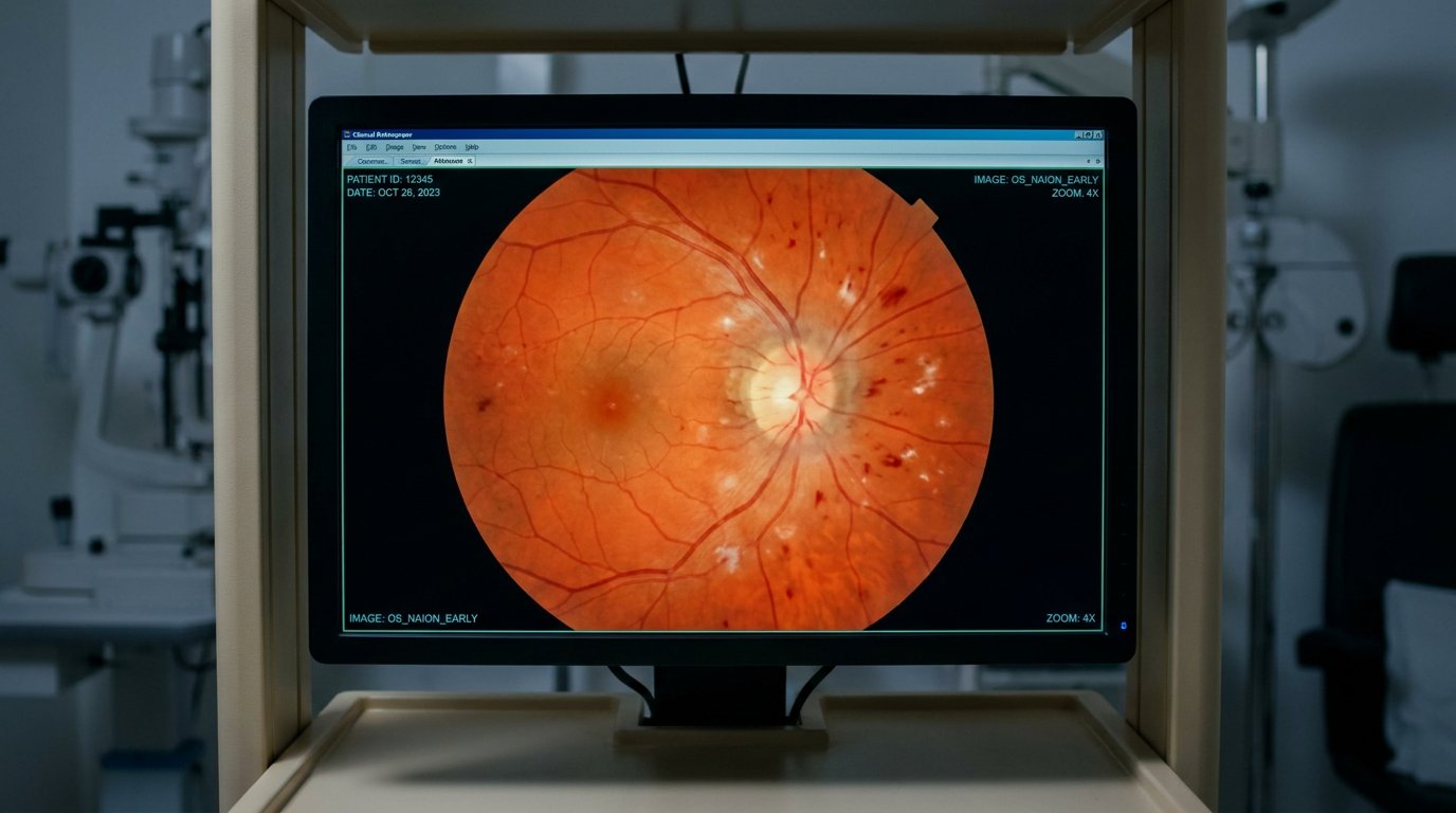 Retinography showing early-stage NAION on clinical monitor